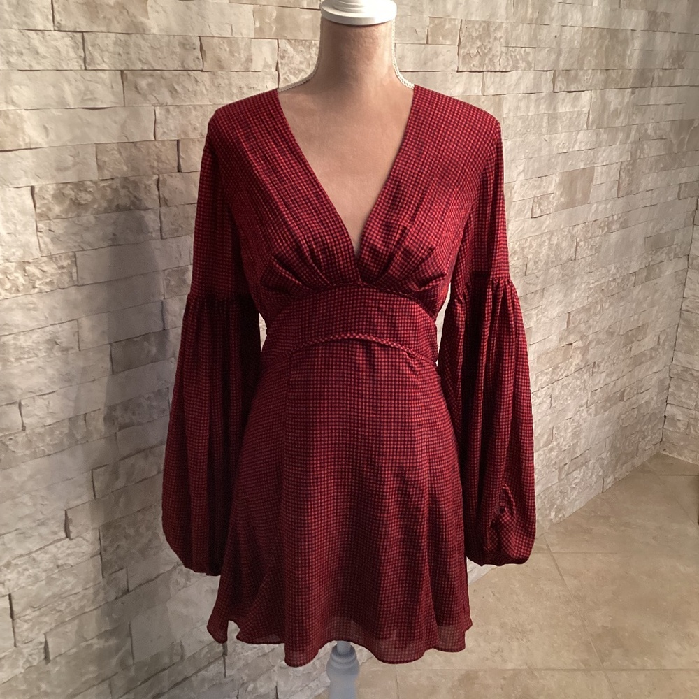 C/MEO Collective Red and Navy Blue Gingham Balloon Sleeve Mini Dress